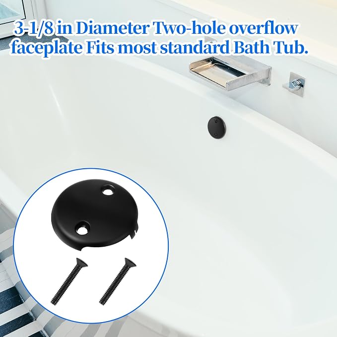 Black Tub Overflow Cover, 3-1/8" Universal Two-Hole Tub Bathtub Drain Cover Two - Image 4
