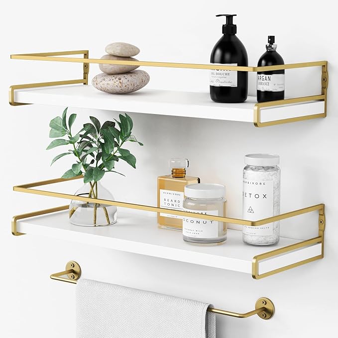 Forbena Floating Bathroom Shelves Wall Mounted, Aesthetic White and Gold Shelves by Forbena