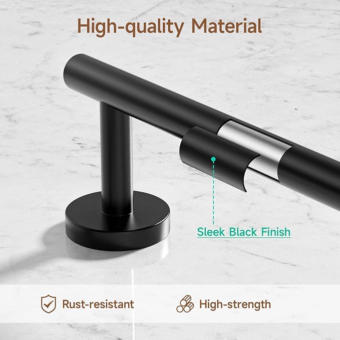USHOWER Matte Black Bathroom Hardware Set, Modern 18-Inch Towel Bar Set Wall - Image 2