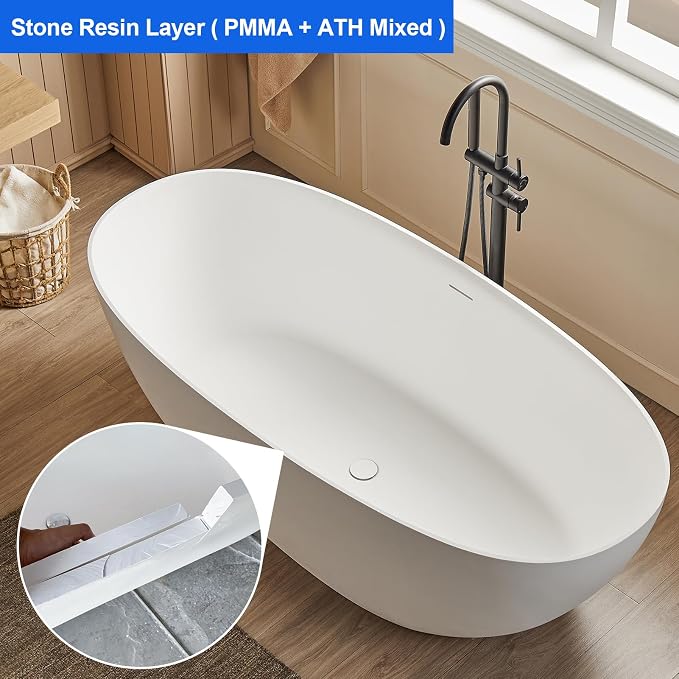 Cpingao 63" Solid Surface Freestanding Bathtub, Modern Oval Shape Soaking Tub - Image 2