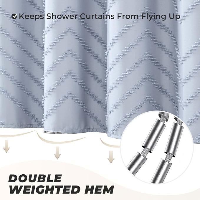 Light Blue Boho Fabric Shower Curtain Tufted Chevron Striped Textured Cloth - Image 4