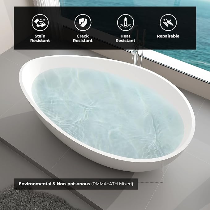 Premium Upgraded 63" Solid Surface Freestanding Bathtub, Unique Oval Stone - Image 6