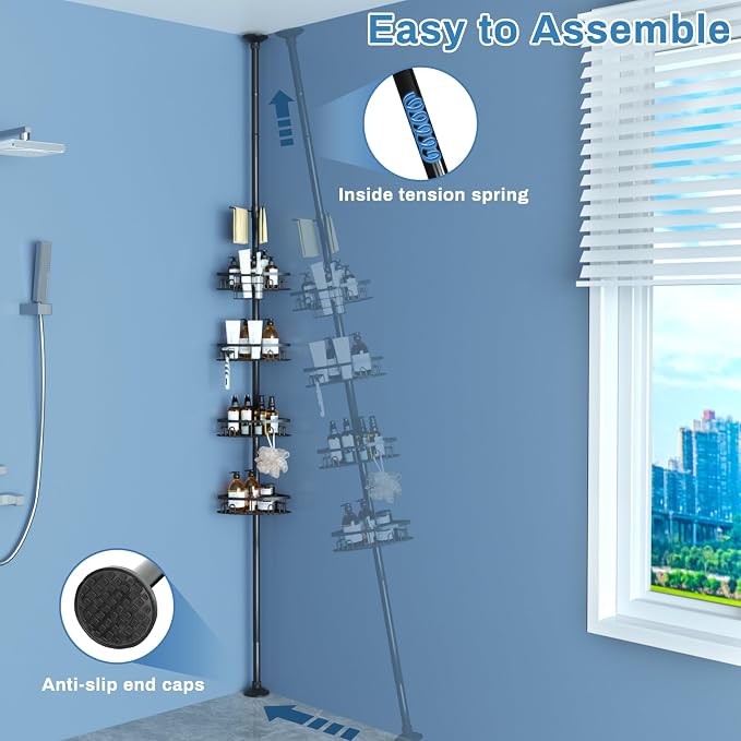 Rustproof Corner Shower Caddy Freestanding Tension Pole, 4 Large Baskets - Image 7