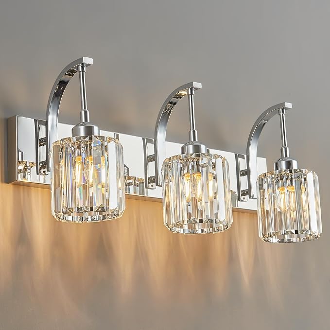 3-Light Crystal Vanity Light, Modern Chrome Bathroom Wall Sconce by FDPBY
