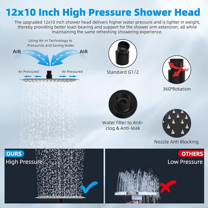 Hibbent All Metal 12'' Filtered Rainfall Shower Head Combo, High Pressure - Image 6