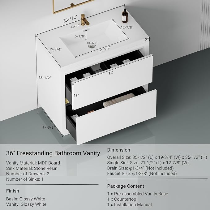 36 Inch Bathroom Vanity with Sink, Single Sink Bathroom Vanity, Freestanding - Image 2