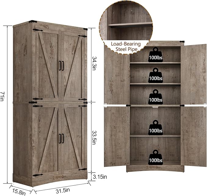 71" Tall Kitchen Pantry, Farmhouse Storage Cabinet - Image 2