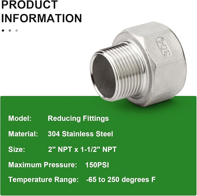 TAISHER 1PCS 304 Stainless Steel Pipe Fitting, 1-1/2" NPT Male x 2" NPT Female - Image 5