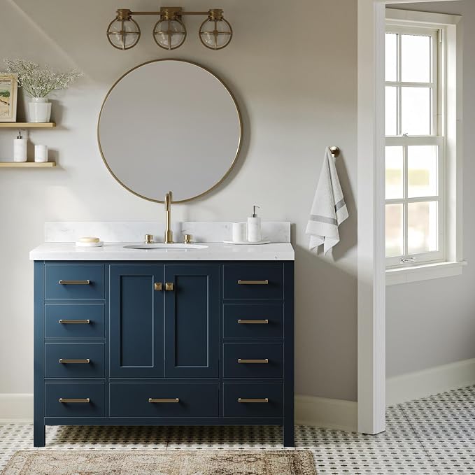 ARIEL Cambridge 48" Midnight Blue Bathroom Vanity, 1.5" Edge Carrara White - Image 2