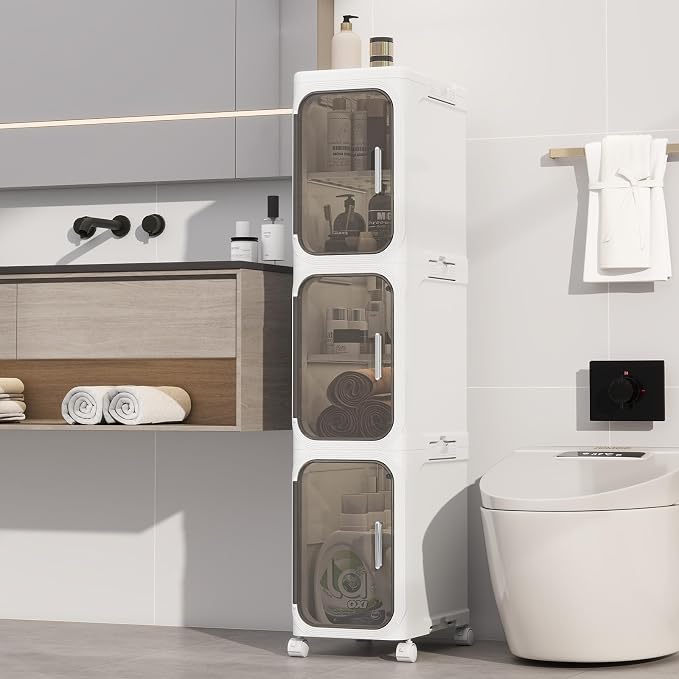 KHNR 3-Tiers Slim Bathroom Storage Cabinet, Foldable Storage Cabinets, Narrow by EnjoyYourLife