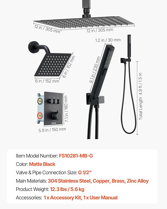 VEVOR Shower Faucet Set, 12 Inch Thermostatic Ceiling Mount Rainfall Shower - Image 7