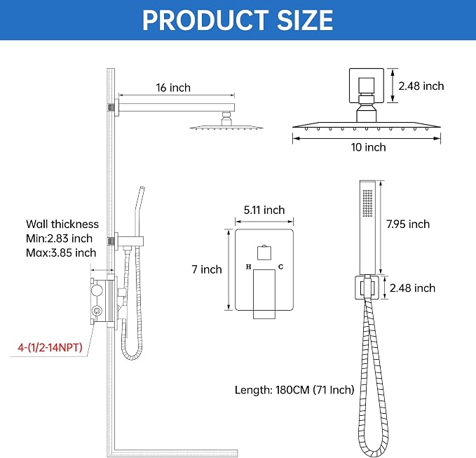 10 Inch Luxury Rain Shower Faucet Set, Matte Black Shower System - Image 7