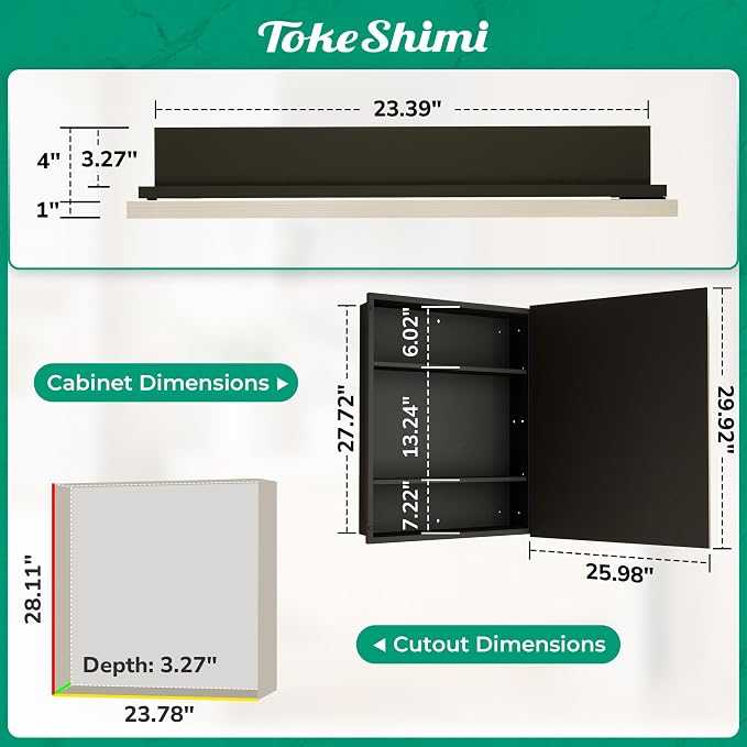 TokeShimi 26x30 Recessed or Surface Mounted Medicine Cabinet Mirror, Aluminum - Image 2