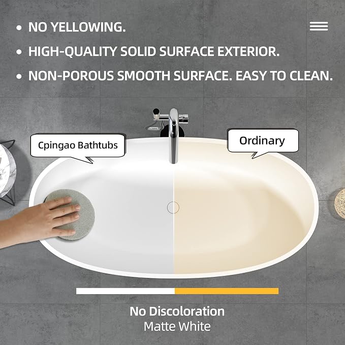 Cpingao 59" Freestanding Bathtub, Oval Shaped Stone Resin Freestanding Tubs - Image 3