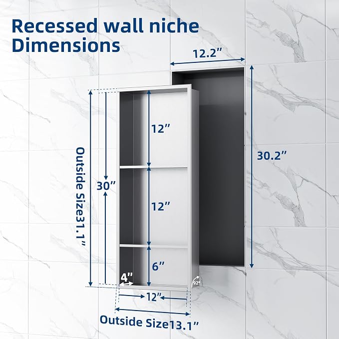 Neodrain 12X30 Inch Brushed Three Layers Stainless Steel Shower Niche, NO Tile - Image 3