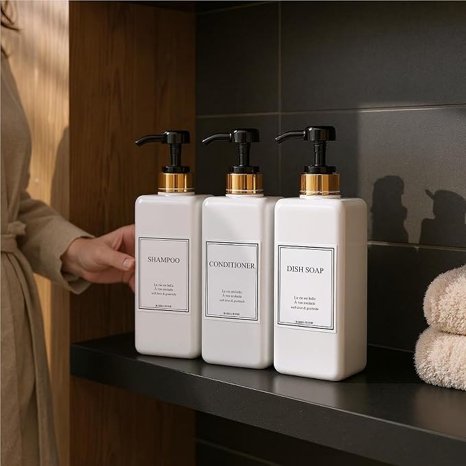 Modern Gold Design Pump Bottle Set 27 oz Refillable Shampoo and Conditioner - Image 6
