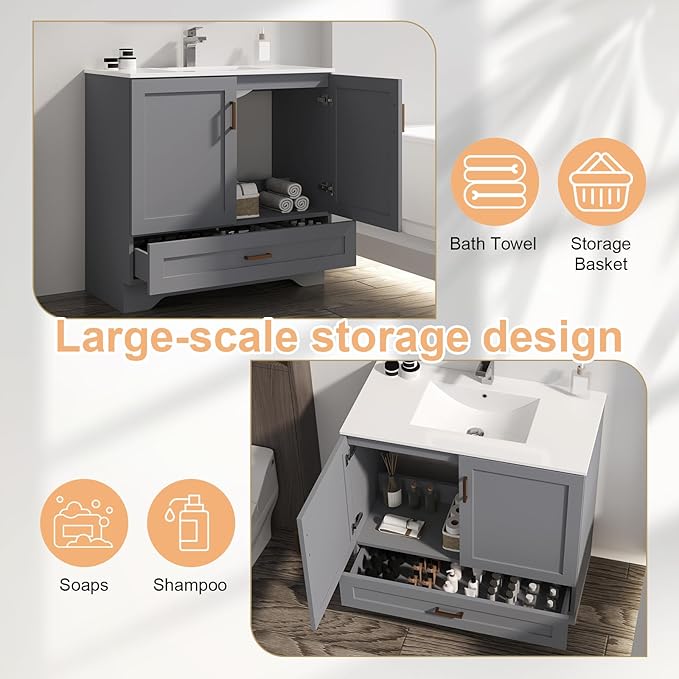 30 inch Bathroom Vanity with Sink, Modern White Vanity - Image 4