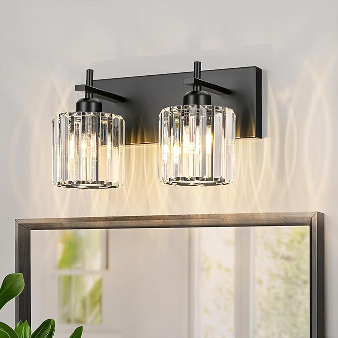 Black Crystal Bathroom Vanity Lights, Modern 2-Lights Bathroom Lighting by HUOKU