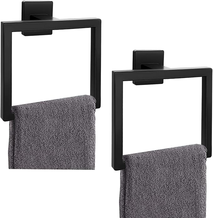 2-Piece Matte Black Square Towel Ring, Modern Hand Towel Holder by Kiakuoow