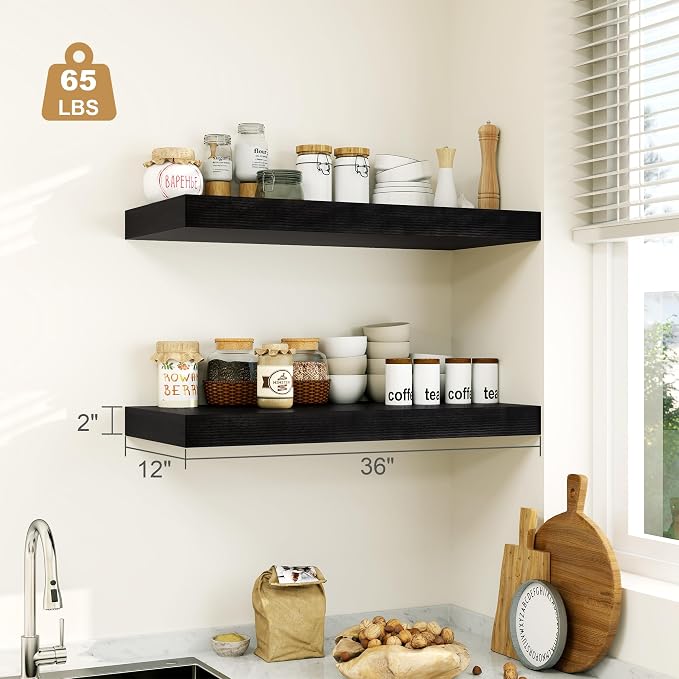 12" Deep Black Floating Shelves, Over Toilet Long Wall Mounted Modern Farmhouse - Image 3