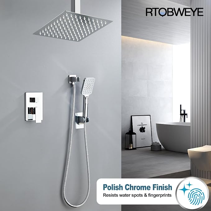 8 Inch Ceiling Mount Shower Faucet Set, Polish Chrome Rainfall Shower System - Image 5