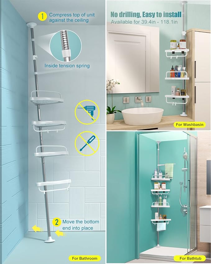 ADOVEL 4 Layer Corner Shower Caddy, Adjustable Shower Shelf, Constant Tension - Image 6