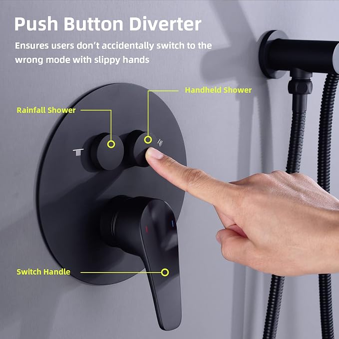 TRUSTMI 10 Inch Matte Black Shower System Push Button Diverter Wall Mounted - Image 3