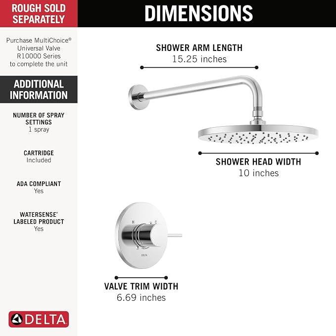 Delta Modern 14 Series Round Rain Shower Faucet Set, Chrome Shower Head and - Image 3
