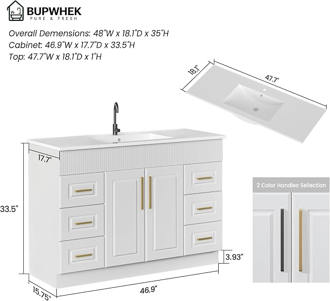 48” Bathroom Vanity with Sink, Freestanding Bathroom Vanity with Integrated - Image 2