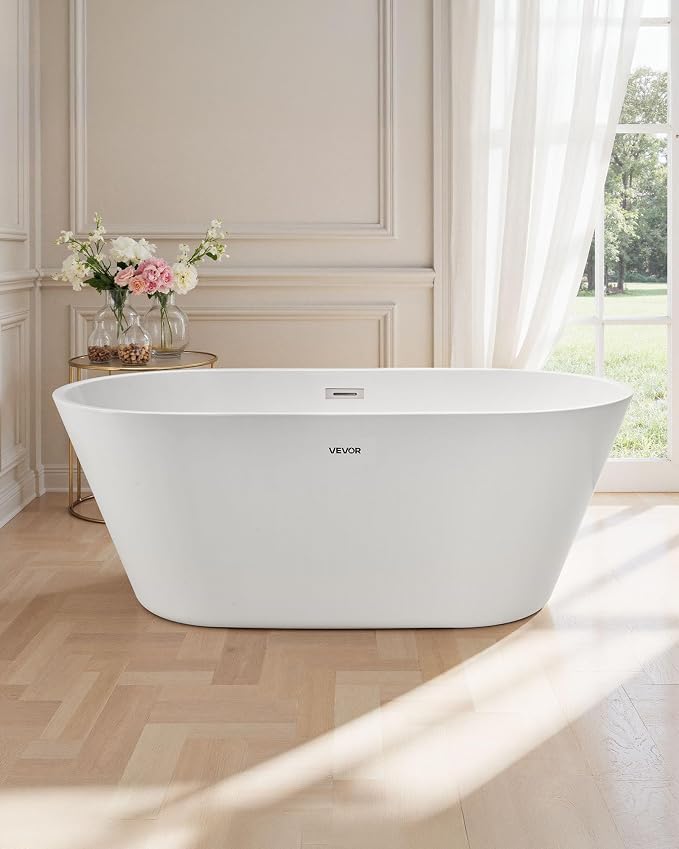 VEVOR Acrylic Freestanding Bathtub, 59 Inch Contemporary Soaking White Tub - Image 7