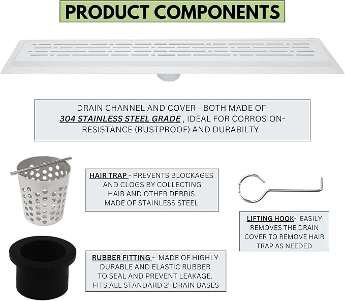 SereneDrains 304 Stainless Steel Linear Shower Drain 16 Inch Matte White Shower - Image 3