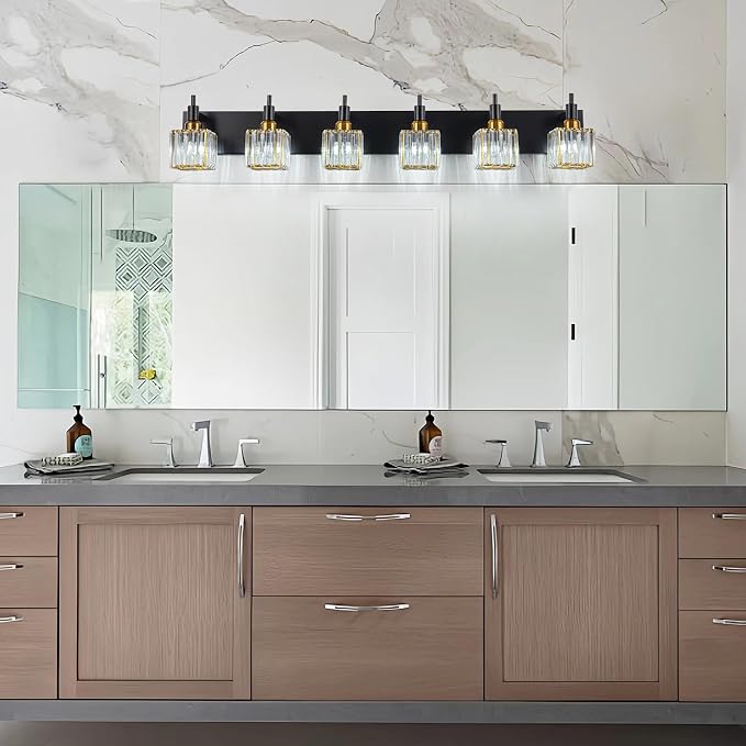 6-Lights Crystal Bathroom Vanity Light Black Gold Modern Bathroom Lighting - Image 6