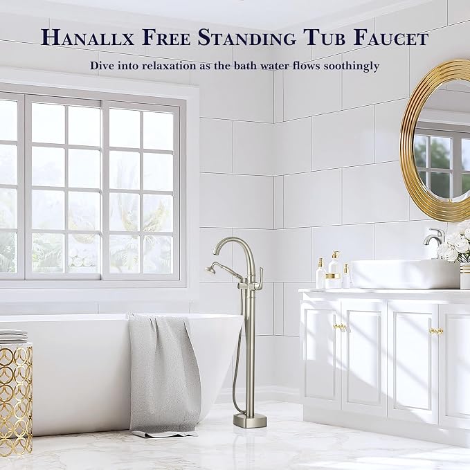 Free Standing Tub Faucet, Hanallx Luxury Brushed Nickel Freestanding Bathtub - Image 2