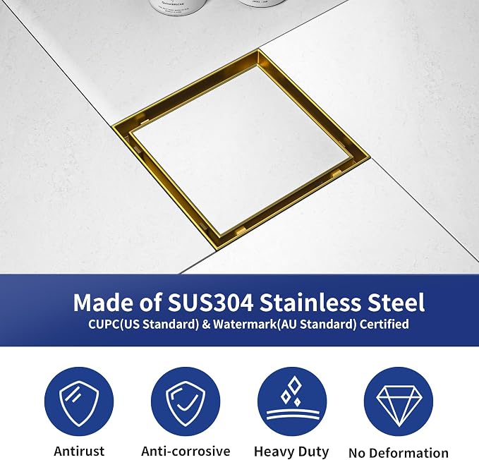 Square Shower Drain 6", Brushed Gold Floor Drain - Image 6