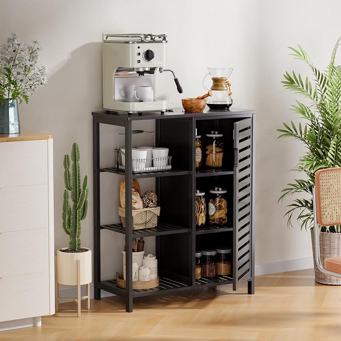 HITNET Black Bathroom Cabinet, Freestanding Storage Cabinet Bamboo Kitchen - Image 9