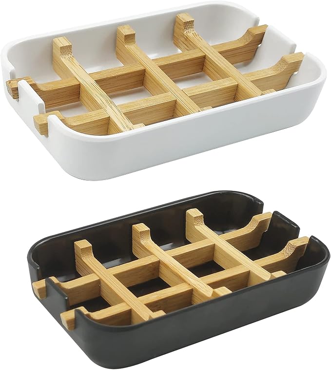2 Pack Bamboo Soap Dish, Self-Draining Soap Box, Wooden Bamboo Bar Soap Holder by HengLiSam