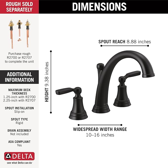 Delta Woodhurst Roman Tub Faucet, Matte Black Deck Mount Bathtub Faucet - Image 3