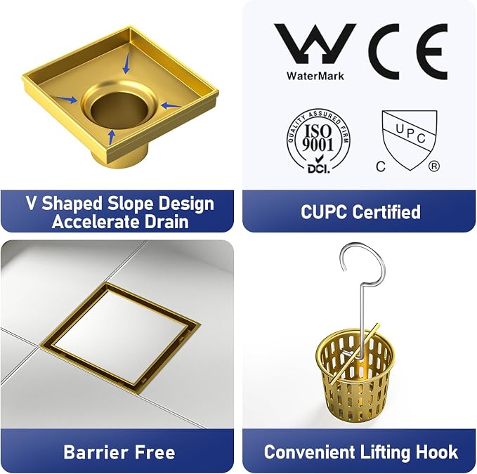 Square Shower Drain 4", Brushed Gold Floor Drain - Image 2