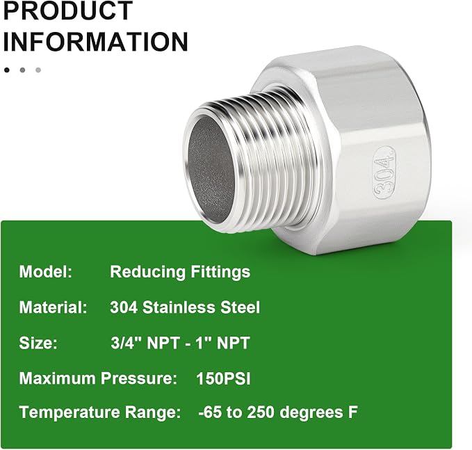 TAISHER 5PCS 304 Stainless Steel Pipe Fitting, 3/4" NPT Male x 1" NPT Female - Image 5