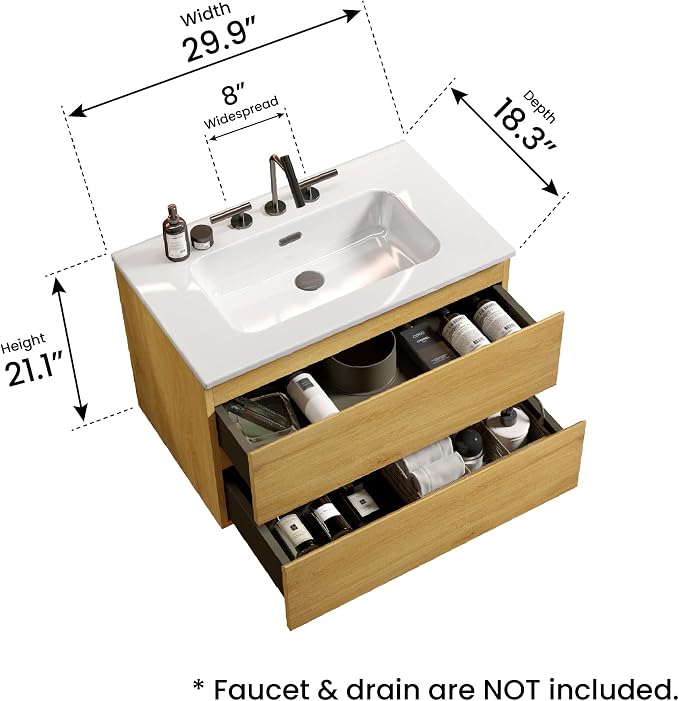 30" Bathroom Vanity with Sink, Modern Floating Vanity with Double Soft Closing - Image 2