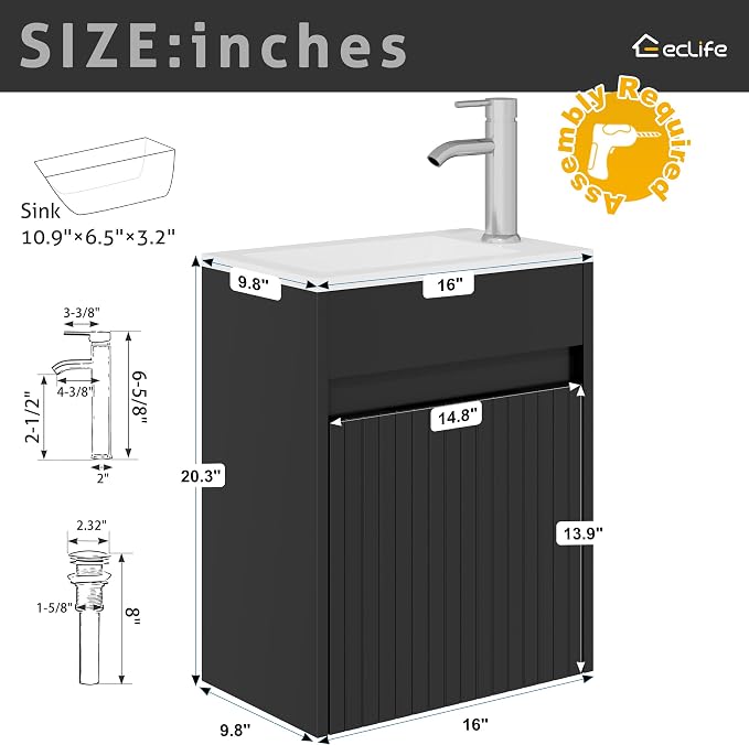 eclife 16" Small Bathroom Vanity Sink Combo, Modern Painted Wall Mounted - Image 3