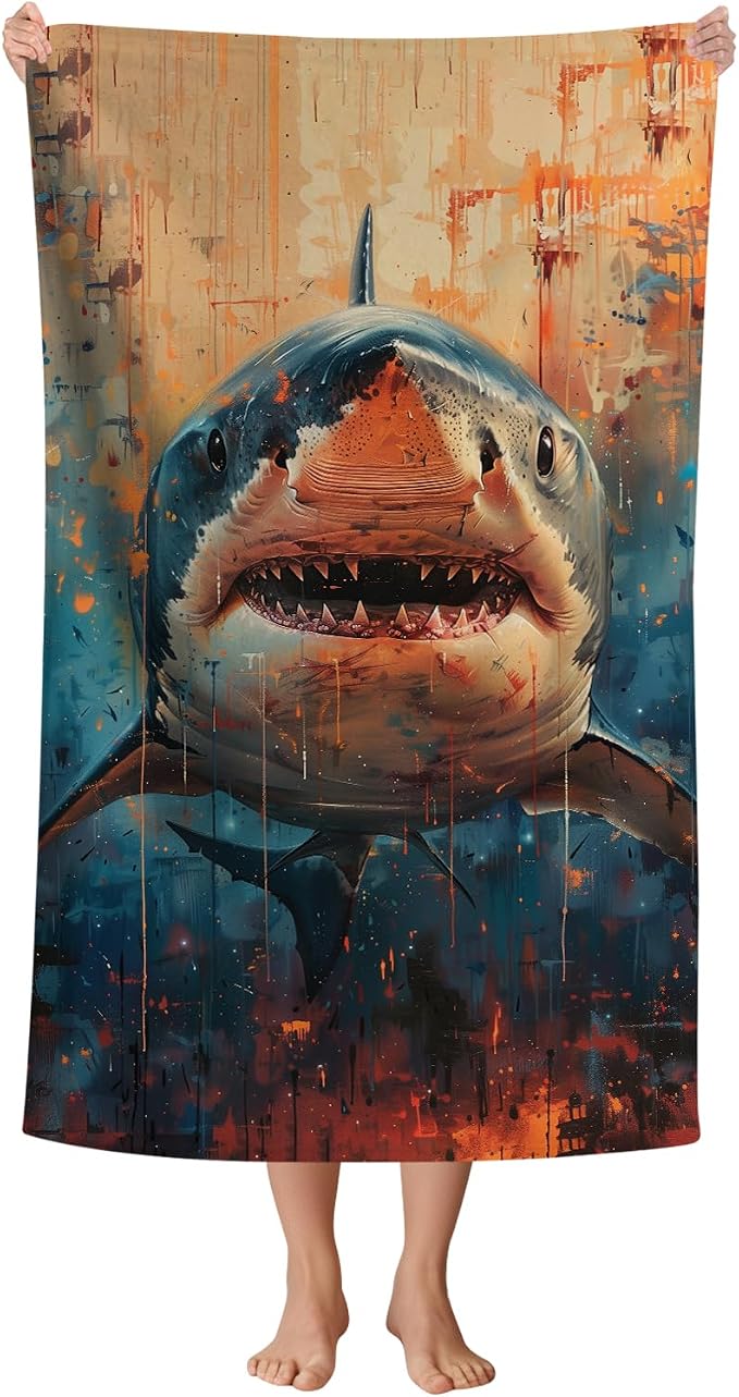 WZOMT Shark Beach Towel, Microfiber Shark Fishing Towel, Retro Ocean Fish Blue by WZOMT