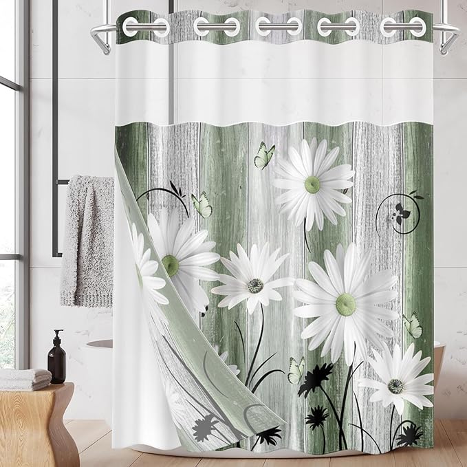 No Hook Green Daisy and Butterfly Shower Curtain by Nesphy