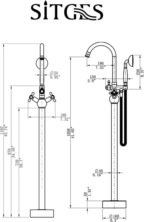 SITGES Solid Brass Freestanding Bathtub Faucet, Bathroom Floor Mount Tub Filler - Image 7