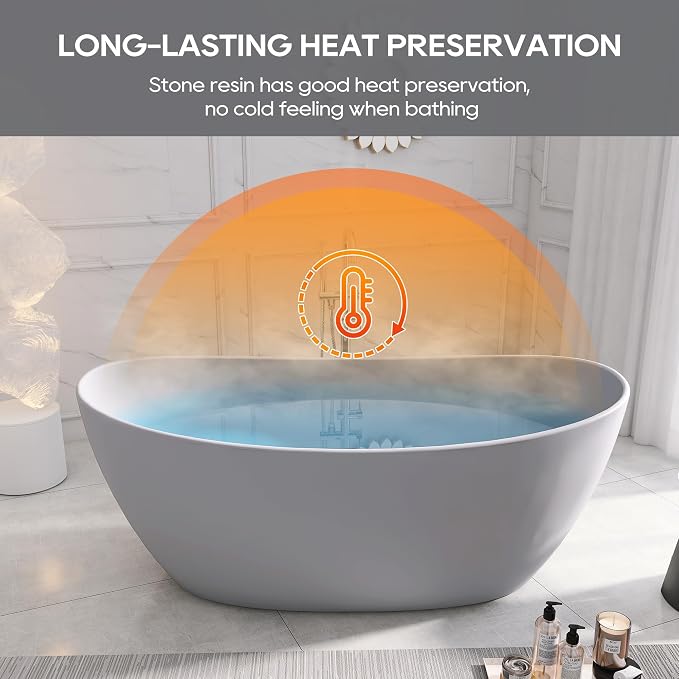 SJ STAR&JANE 65" Solid Surface Freestanding Bathtub Stone Resin Soaking Tub - Image 3