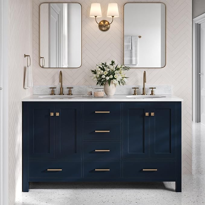 ARIEL Cambridge 61 Inch Midnight Blue Bathroom Vanity Double Sink, Solid Wood by Ariel