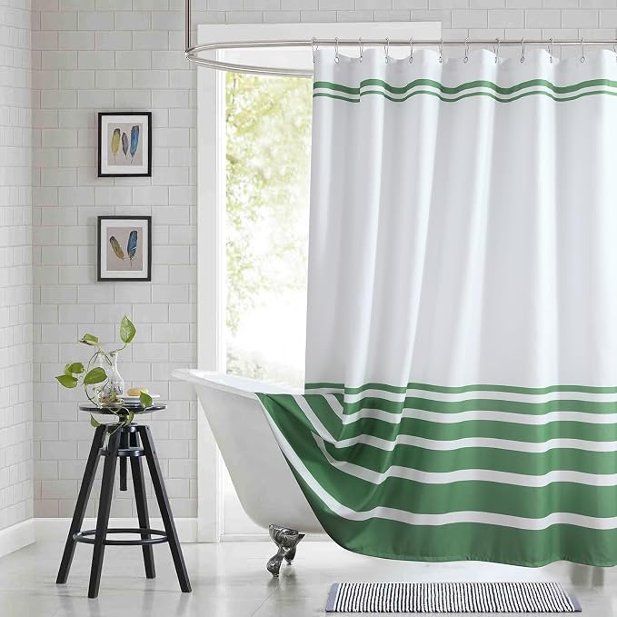 Green and White Striped Shower Curtain 72x78 Inches, Waterproof Fabric by BESTRIPES