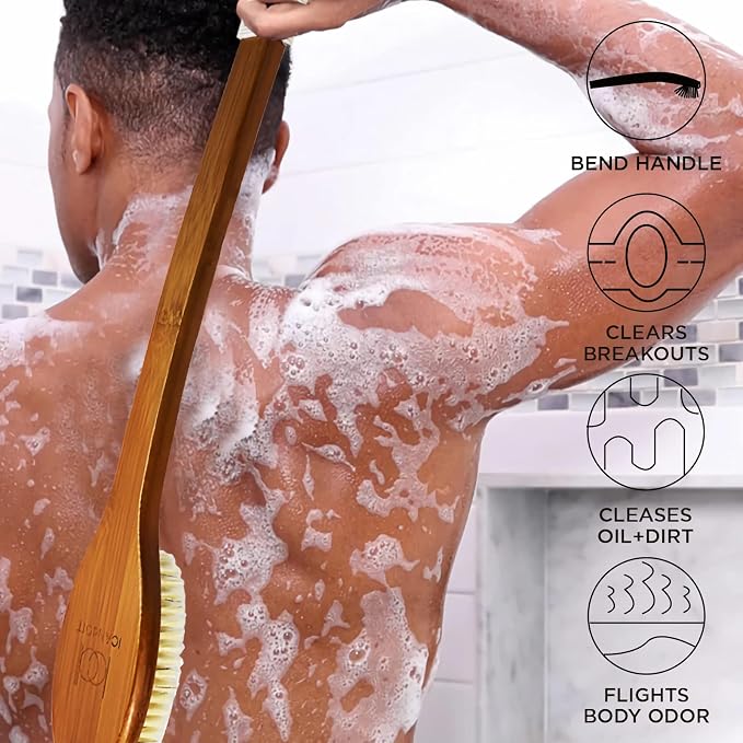 ICANdOIT-17.71Inch Natural Boar Bristles Anti-Slip Curved Long Handle Bath Brush - Image 7