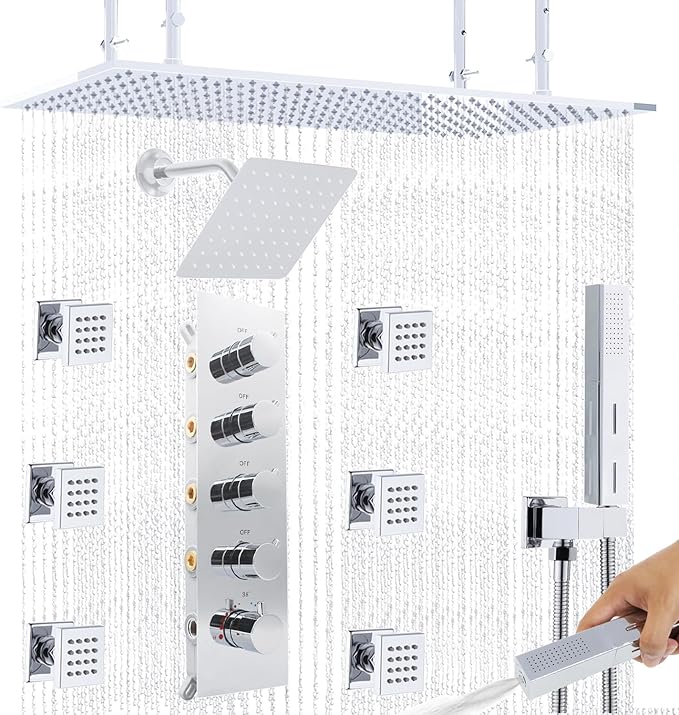 Dual Shower Heads System 16"x32" Ceiling Mount Rainfall and 6" Wall Mounted by NPYSVSSS