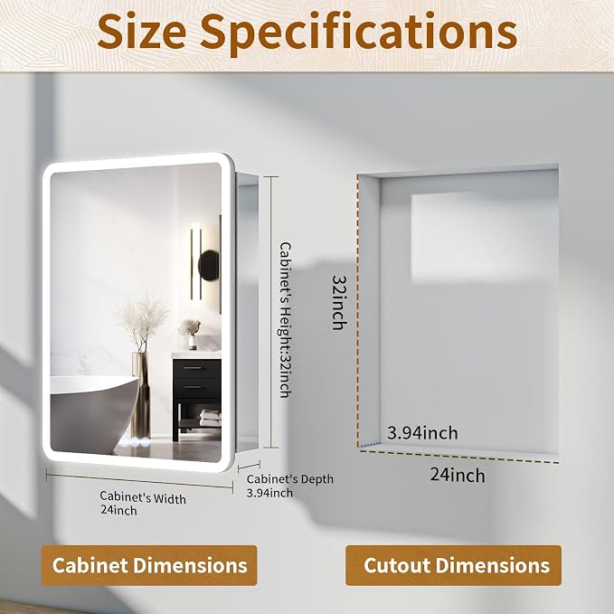 BEAUTYPEAK 24 x 32 LED Bathroom Medicine Cabinet Mirror, Adjustable Shelves - Image 2